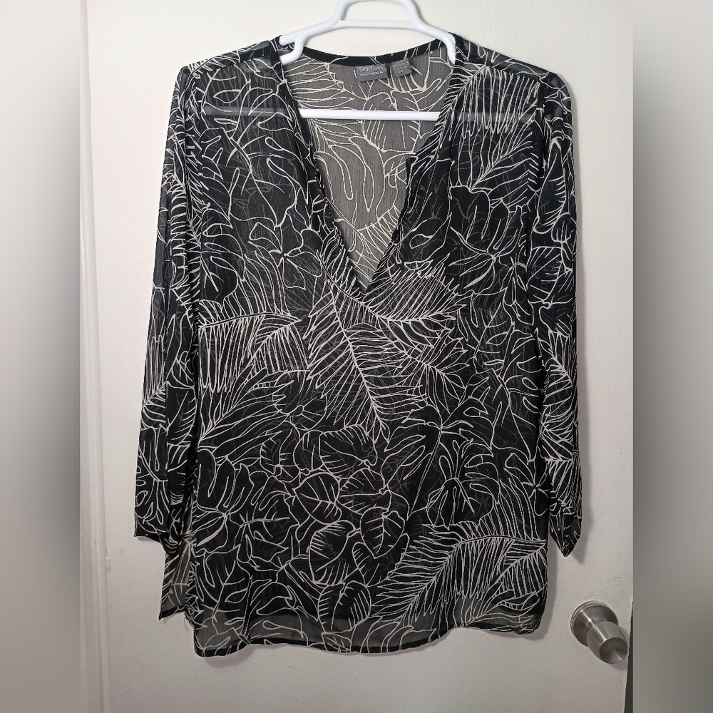 Additions By CHICO'S Black and White Leaf Print Women's Top - Size 3